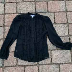 LOFT Sheer Black Button Down Top with Vertical Ruffles and Small Puff Sleeves